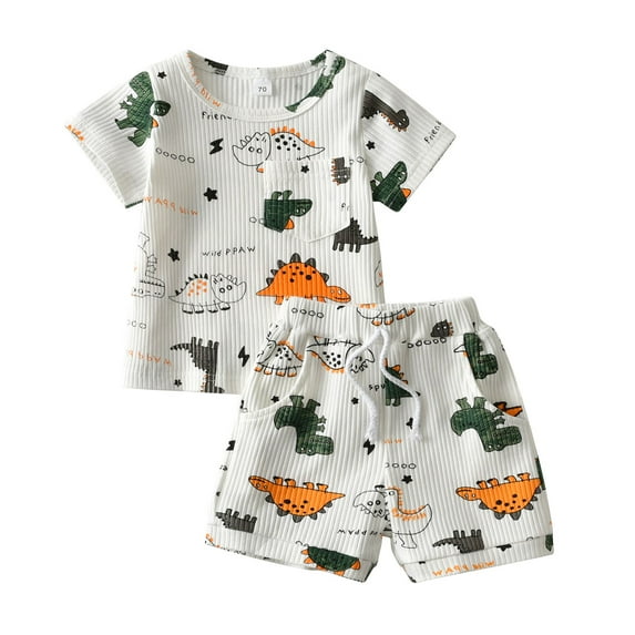 Toddler Baby Boy Dinosaur Clothes Ribbed T-shirt Shorts Set Summer Outfits White 9-12 Months