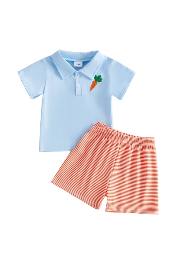 Toddler Baby Boy Easter Outfit Bunny Carrot Print Button Up Short Sleeve T-Shirt Top+ Solid Shorts Set
