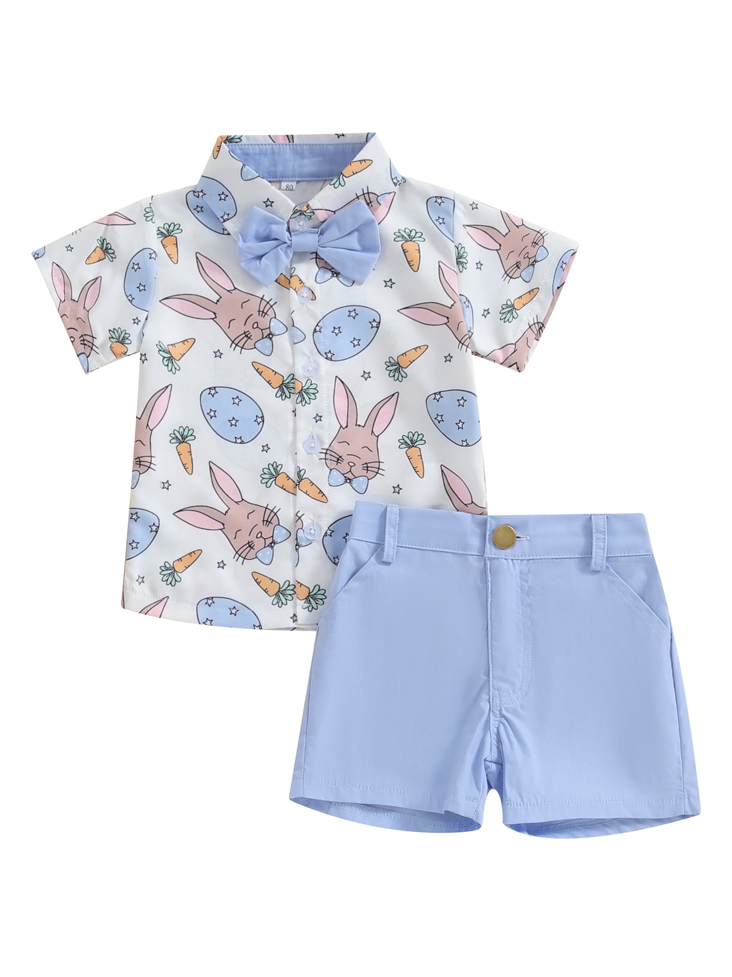 Toddler Baby Boy Easter Outfits Carrot Rabbit Print Bowtie Short Sleeve