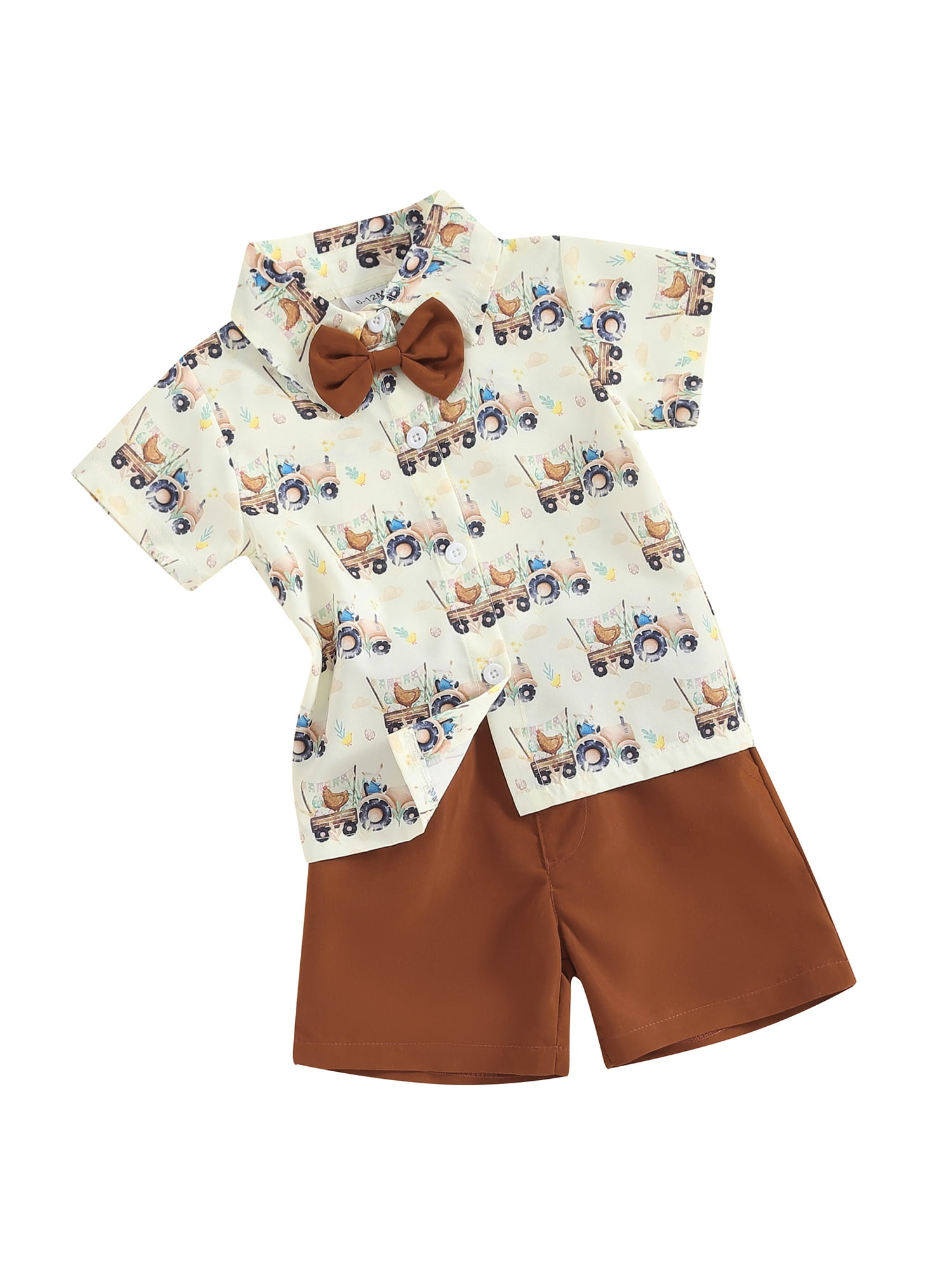 Baby Boys 2-Piece Bunny Print Summer Outfit – Soft T-Shirt & Pattern Shorts Set (Beige & Brown)