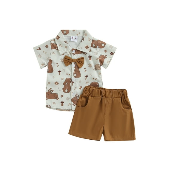 Toddler Baby Boy Easter Outfits Short Sleeve Button Down Shirt Solid Shorts Sets Easter Egg/Bunny Summer Clothes