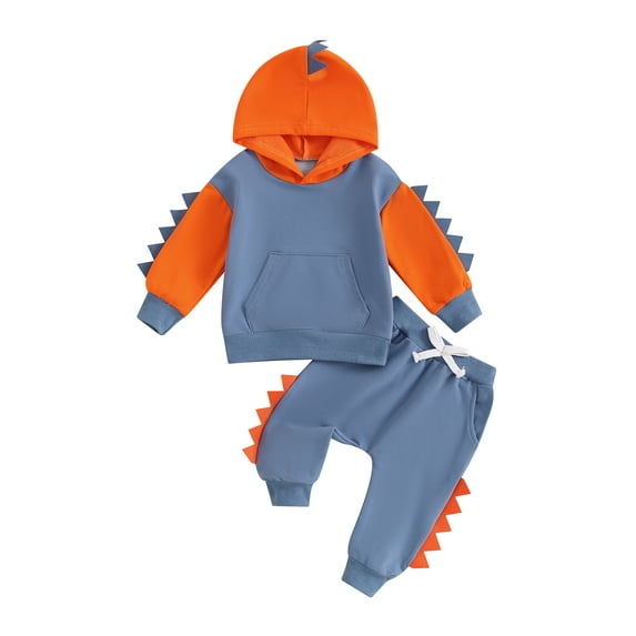 Toddler Baby Boy Fall Dinosaur Outfits, 6 12 18 24 Months 2T 3T 4T Contrast Color Long Sleeve Hoodie Elastic Waist Pants 2 Piece Clothing Set