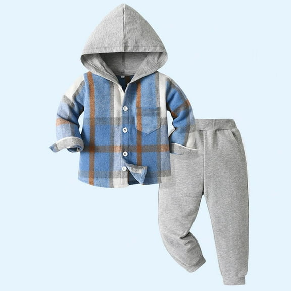 Toddler Baby Boy Fall Outfit Color Block Long Sleeve Sweatshirt Children's Hooded Checkered Long Sleeved Jacket With Elastic Waistband Ankle Cuffs Pockets Long Pants Casual Suit Sky Blue 7 Years