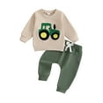 thumbnail image 1 of Toddler Baby Boy Fall Outfits 3 6 12 18 24 Months 2T 3T Tractor Embroidery Long Sleeve Round Neck Sweatshirt with Solid Pants Clothing Set, 1 of 9
