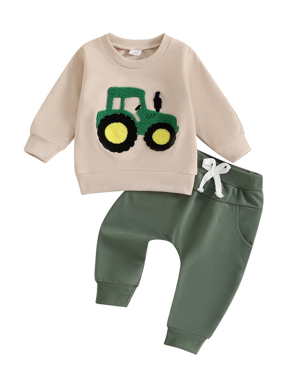 Toddler Baby Boy Fall Outfits 3 6 12 18 24 Months 2T 3T Tractor Embroidery Long Sleeve Round Neck Sweatshirt with Solid Pants Clothing Set