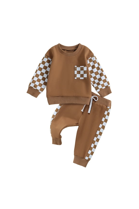 Toddler Baby Boy Fall Winter Clothes Checkerboard Long Sleeve Sweatshirt Pants Sweatsuit Set Checkered Plaid Outfit