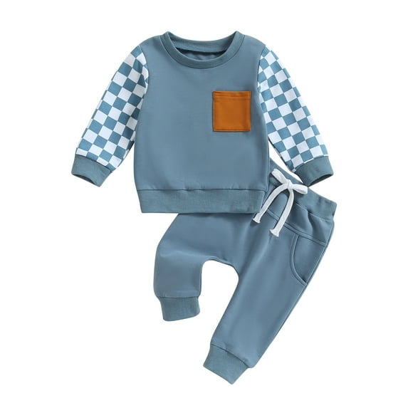 Toddler Baby Boy Fall Winter Clothes Checkered Plaid Long Sleeve Sweatshirt Pullover Tops Joggers Pants Outfit Set