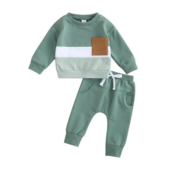 Toddler Baby Boy Fall Winter Outfits 6M 12M 18M 24M 3Y Color Block Crewneck Sweatshirt Casual Pants 2Pcs Clothes Set