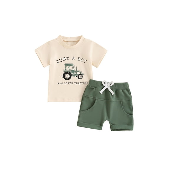 Toddler Baby Boy Farm Outfits Summer Tractors Print Short Sleeve T Shirt Top and Shorts Set Infant Country Clothes
