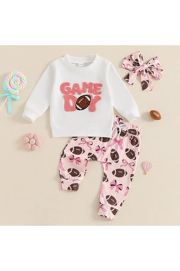 Toddler Baby Boy Football Outfit Game Day Embroidery Crewneck Sweatshirt Top Football Pants Set Fall Winter Clothes Rugby Embroidered Long Sleeve Top + Long Pants Headband 3 Piece