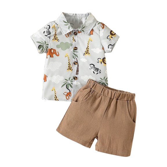 Toddler Baby Boy Gentleman Clothes Animal Print Shirt Short Sleeve Button Down Top Solid Shorts Summer Outfit