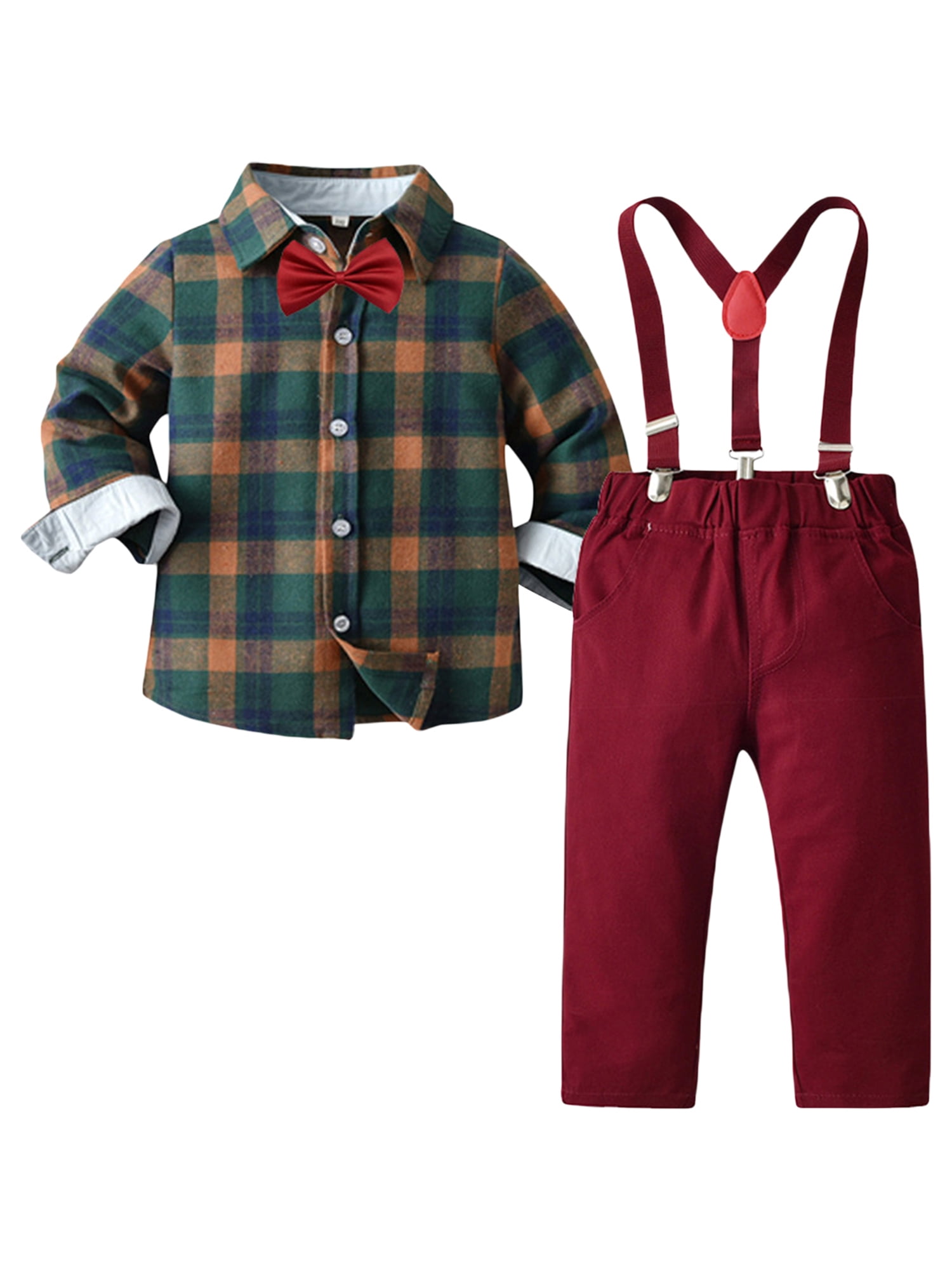 Toddler Baby Boy Gentleman Outfit Plaid Button Long Sleeve Shirt with Bow Tie and Suspenders