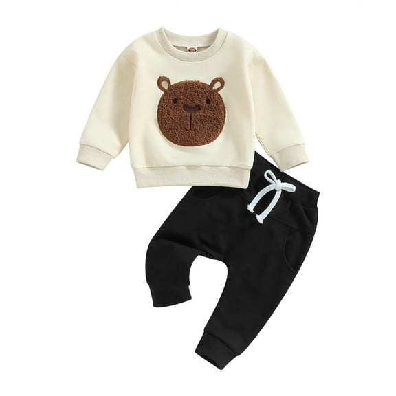 Toddler Baby Boy Girl 2Pcs Fall Outfits 6M 12M 18M 24M 3Y Long Sleeve Bear Embroidery Tops Pocket Pants Set
