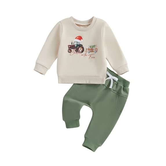 Toddler Baby Boy Girl Christmas Outfit, 12 18 24 Months 2T 3T 4T Tractor Letter Print Long Sleeve Sweatshirt Elastic Waist Pants Farm Clothes
