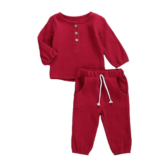 Toddler Baby Boy Girl Clothes 6M 12M 18M 24M 3Y 4Y 5Y Cotton Linen Long Sleeve Button Pullover Tops Drawstring Pants Set Casua