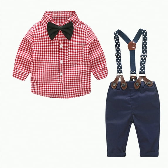 Toddler Baby Boy Girl Clothes Boys Fall Winter Plaid Long Sleeve Elastic Waist 2T-5T Everyday Outfit Set 2PCS