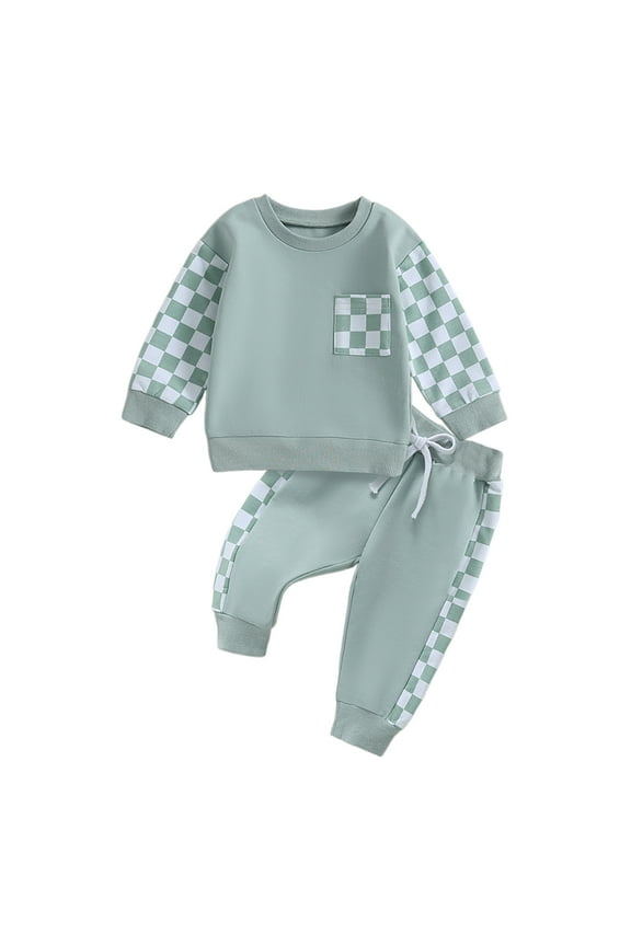 Toddler Baby Boy Girl Clothes Checkered Color Block Long Sleeve Sweatshirt with Pants Set 2Pcs Fall Winter Outfits