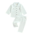thumbnail image 1 of Toddler Baby Boy Girl Cotton Linen 6M 12M 18M 24M 3Y 4Y Muslin Button Down Long Sleeve Shirt Top Pants Set 2Pcs Fall Outfits, 1 of 10
