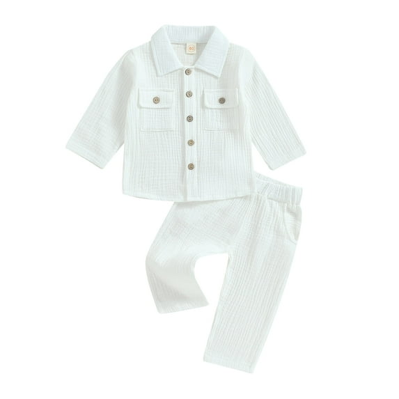 Toddler Baby Boy Girl Cotton Linen 6M 12M 18M 24M 3Y 4Y Muslin Button Down Long Sleeve Shirt Top Pants Set 2Pcs Fall Outfits