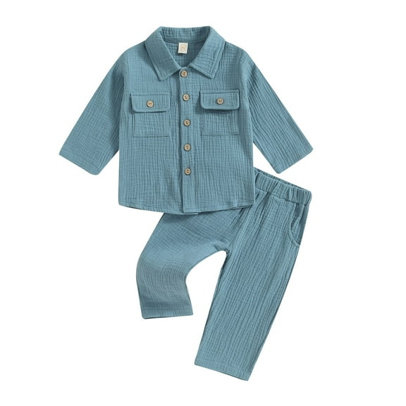 Toddler Baby Boy Girl Cotton Linen 6M 12M 18M 24M 3Y 4Y Muslin Button Down Long Sleeve Shirt Top Pants Set 2Pcs Fall Outfits