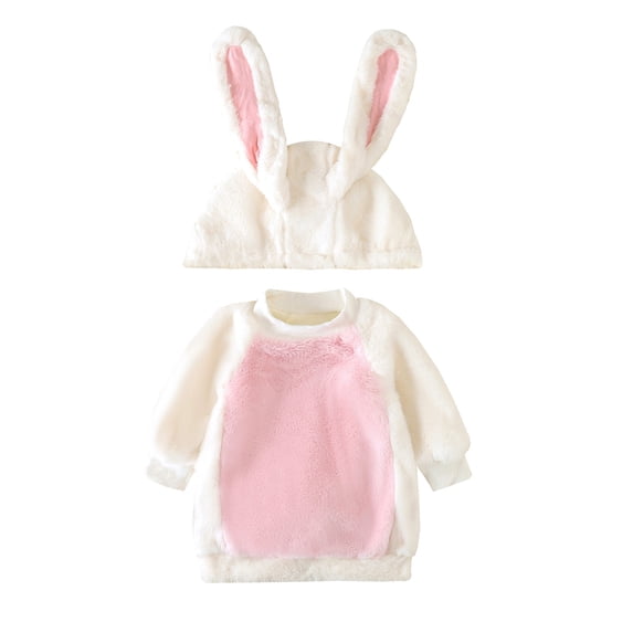 Toddler Baby Boy Girl Easter Bunny Costume Fluffy Long Sleeve Pullover Sweatshirt with Rabbit Ears Hat Set