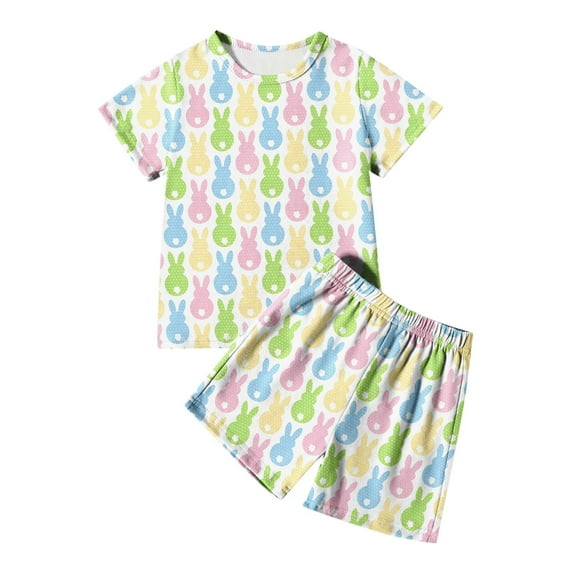 Toddler Baby Boy Girl Easter Day Outfits 2-piece Bunny Graphic Short Sleeve Top Elastic Waist Pocket Shorts for Kids Boys 3-4 Years