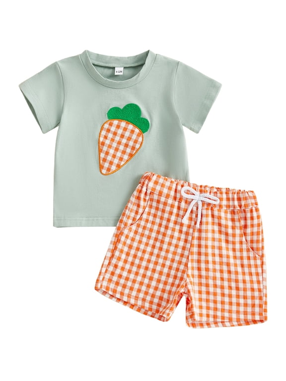 Toddler Baby Boy Girl Easter Outfits Short Sleeve Embroidery Rabbit Carrot T-shirt Plaid Shorts 2Pcs Spring Summer Clothes Set 0-5T