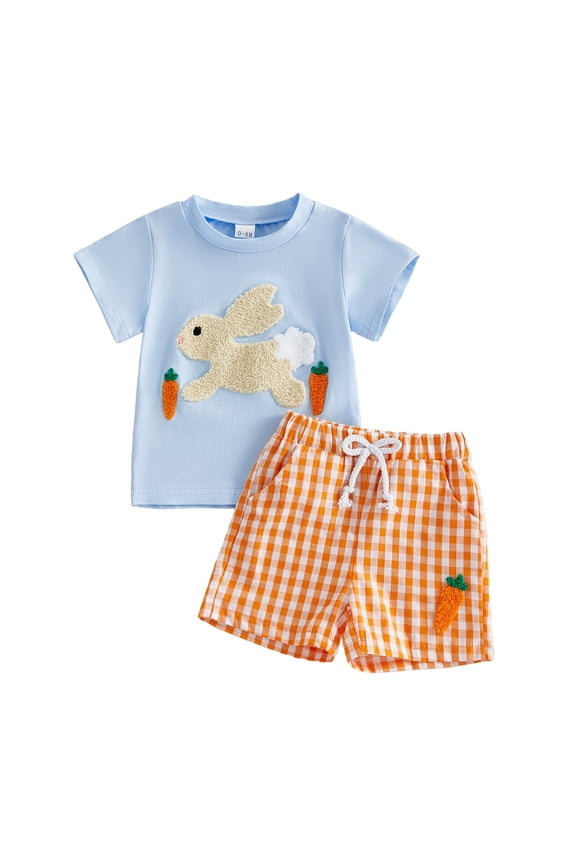 Toddler Baby Boy Girl Easter Outfits Short Sleeve Embroidery Rabbit Carrot T-shirt Plaid Shorts 2Pcs Spring Summer Clothes Set 0-5T