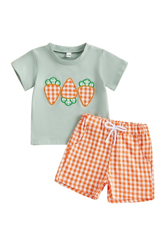 Toddler Baby Boy Girl Easter Outfits Short Sleeve Embroidery Rabbit Carrot T-shirt Plaid Shorts 2Pcs Spring Summer Clothes Set 0-5T