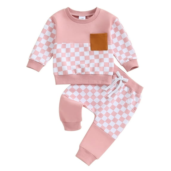 Toddler Baby Boy Girl Fall Outfit Checkerboard Patchwork Long Sleeve Sweatshirts Tops Elastic Waist Pants Cute Newborn Clothes Set