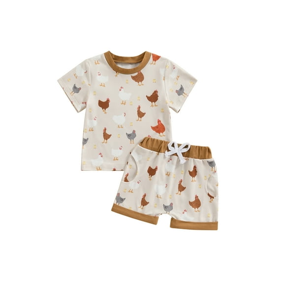 Toddler Baby Boy Girl Farm Outfits Animal Chicken Cow Print Short Sleeve T Shirt Top and Shorts Set Infant Country Clothes