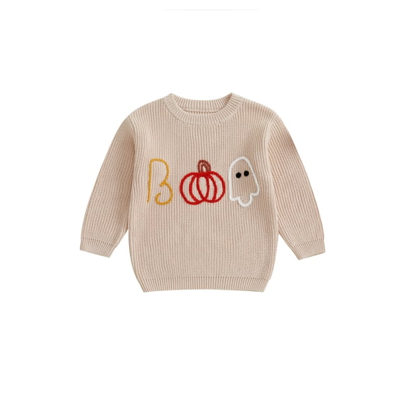 Toddler Baby Boy Girl Halloween Sweater Pumpkin Ghost Embroidery Long Sleeves Warm Pullover Knit Sweaters Sweatshirt Tops 2-5 Years Kids Fall Winter Clothes