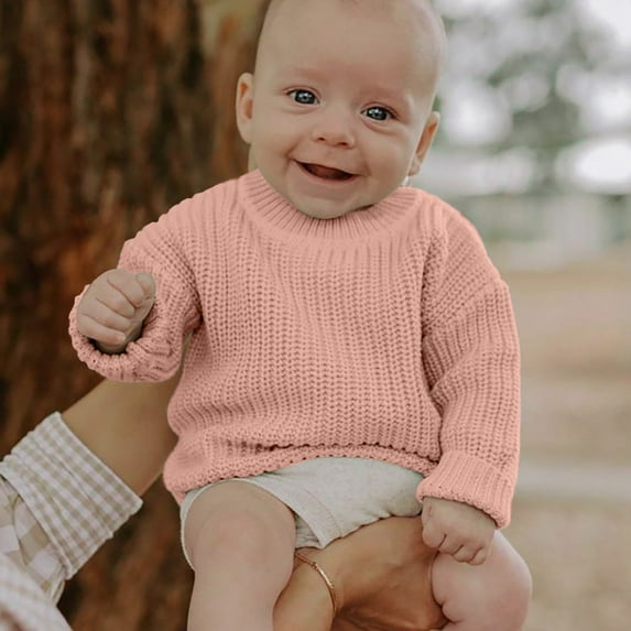 Toddler Baby Boy Girl Knit Sweater Crew Neck Solid Color Long Sleeve Blouse Pullover Cute Oversized Pullover Winter Outfits for Boys Girls 12-18 Months