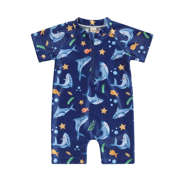 Toddler Baby Boy Girl One Piece Swimsuit Shark Print Short Sleeve Zip