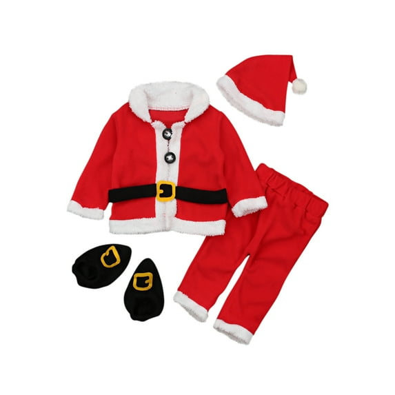 Toddler Baby Boy Girl Santa Costume Christmas 4PCS Outfit Plush Jacket Coat Tops+Pants +Hat +Socks Xmas Holiday Party Clothes