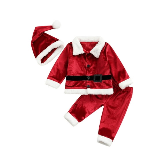 Toddler Baby Boy Girl Santa Costume Christmas Velvet 3Pcs Outfit Plush Jacket Coat Tops+Pants +Hat Xmas Holiday Party Clothes