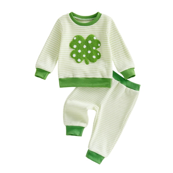 Toddler Baby Boy Girl St.Patrick's Day Outfit Shamrock Embroidery Long Sleeve Crewneck Sweatshirt Tops and Pants 3 6 12 18 24 Months 2T 3T Spring Clothes Set