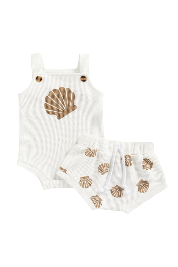 Toddler Baby Boy Girl Summer Clothes Sets Shell Print Strap Button Plaid Knitted Bodysuits+Shorts Tracksuits