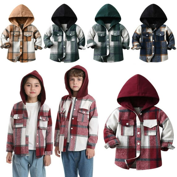 Toddler Baby Boy Girls Hoodie Plaid Flannel Shirt Jacket Hooded Lapel Button Down Shacket Jacket Christmas Casual Fall Coat with Pocket