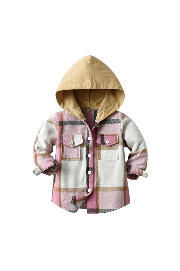 Toddler Baby Boy Girls Hoodie Plaid Flannel Shirt Jacket Hooded Lapel Button Down Shacket Jacket Christmas Casual Fall Coat with Pocket