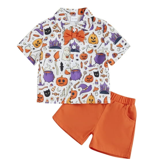 Toddler Baby Boy Halloween Outfit Pumpkin Ghost Short Sleeve Bowtie Button Down Shirt and Shorts Sets Cute Summer Halloween Clothes