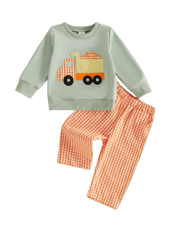 Toddler Baby Boy Halloween Outfit Pumpkin Truck Embroidery Long Sleeve Tops and Plaid Pants 6 12 18 24 Months 2T 3T 4T Cute Fall Clothes Set