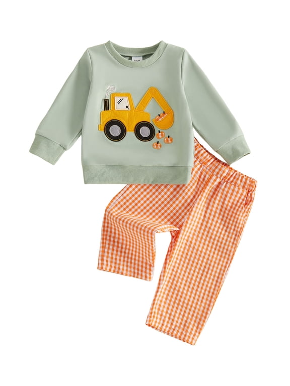 Toddler Baby Boy Halloween Outfit Pumpkin Truck Embroidery Long Sleeve Tops and Plaid Pants 6 12 18 24 Months 2T 3T 4T Cute Fall Clothes Set