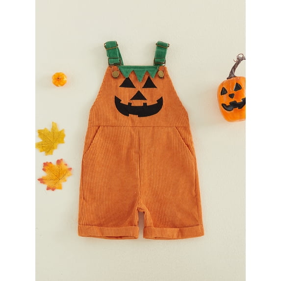 Toddler Baby Boy Halloween Overalls with Pockets Ribbed Devil Face Pattern Sleeveless Jumpsuit
