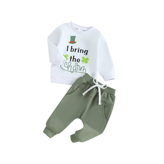 Toddler Baby Boy Irish Holiday Clothes 6 12 18 24 Months 2T 3T LetterShamrockHat Print Long Sleeve Sweatshirt with Long Pants Outfits Set