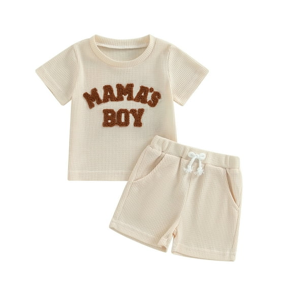 Toddler Baby Boy Mama‘s Boy Outfit Summer Short Sleeve Embroidery T-Shirt Tops Shorts Set Waffle Knit Clothes