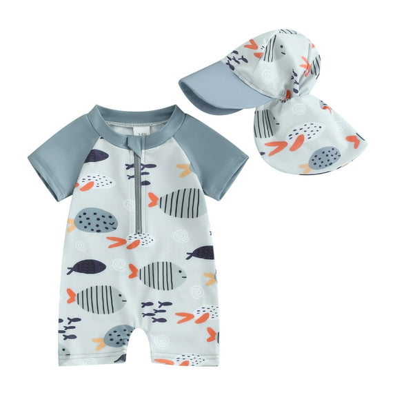 Toddler Baby Boy One Piece Swimsuit Fish Print Short Sleeve Rash Guard Swimwear Sun Protection Bathing Suits and Sun Hat Set