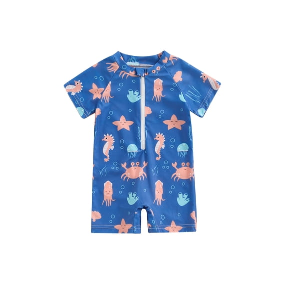 Toddler Baby Boy One Piece Swimsuit Infant Short Sleeve Zipper Bathing Suit Rash Guard Swimwear Beachwear Sunsuit