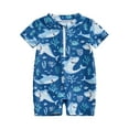thumbnail image 1 of Toddler Baby Boy One Piece Swimsuit Short Sleeve Cartoon Print Zip Up Rash Guard Swimwear Sun Protection Bathing Suit, 1 of 7