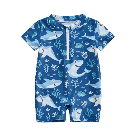 Toddler Baby Boy One Piece Swimsuit Short Sleeve Zipper Bathing Suit Rash Guard Swimwear Beach Wear Sunsuit
